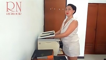Office Woman Scans Breasts And Vagina On Mfp Security Camera In Workplace