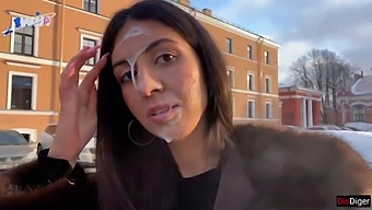 Gorgeous Woman Strolls In Public With Sperm On Her Visage, Receiving A Substantial Gratuity From An Unknown Individual - Cumwalk